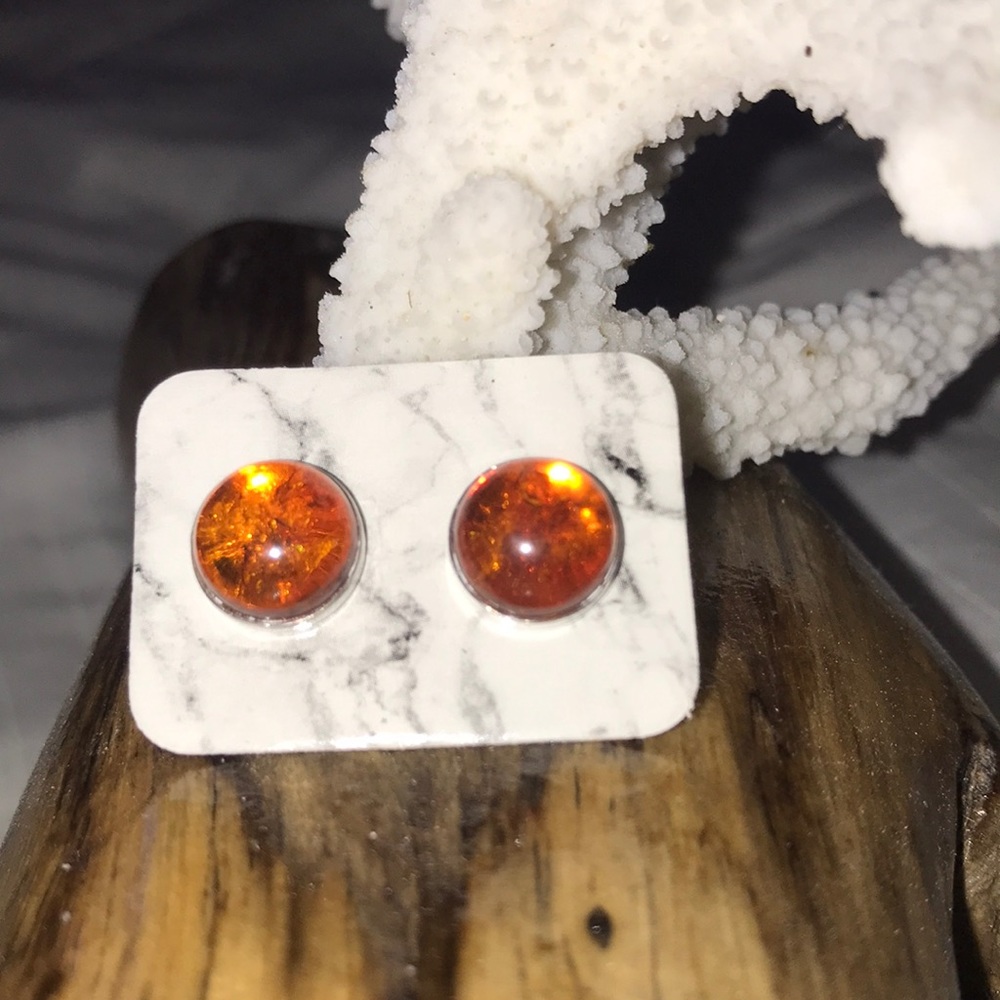 Vintage Beveled Amber In Silver Stud Earrings